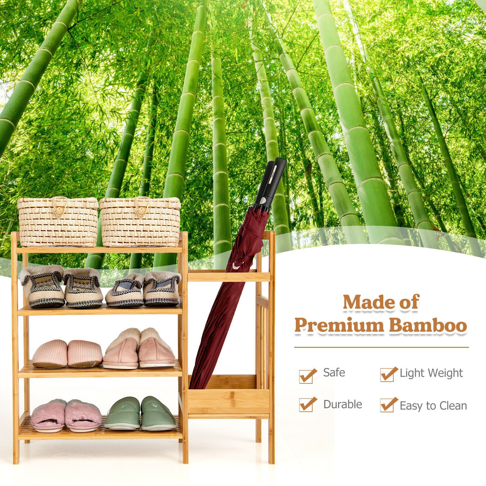 4 Shelved Bamboo Shoe Rack with Umbrella Stand